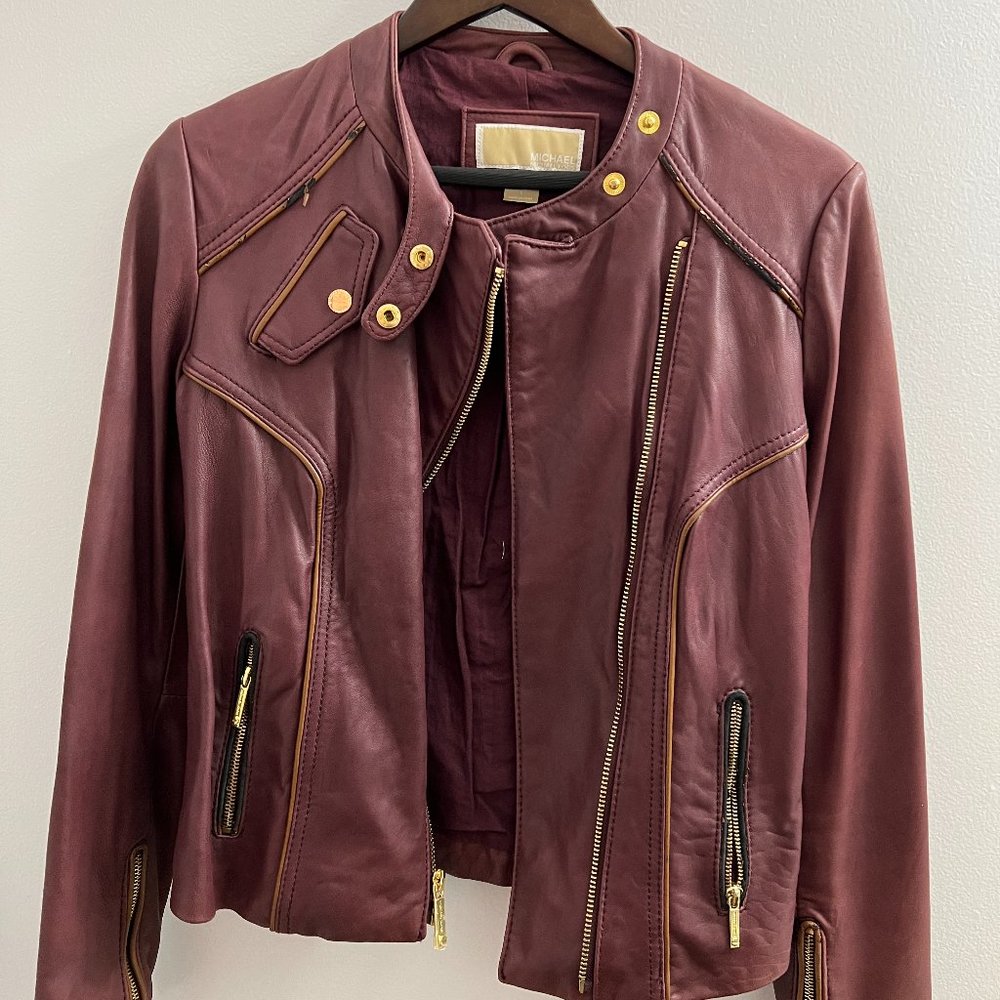 MICHAEL Michael Kors burgundy leather moto jacket. Small